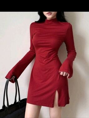 Women's Burdundy Long-Sleeve Mock Neck Mini Dress with Side Slit